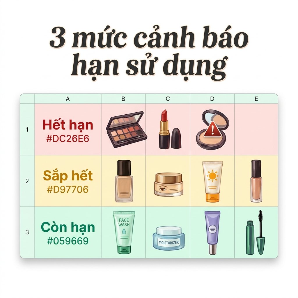 Conditional formatting 3 màu cho hạn sử dụng trong Excel