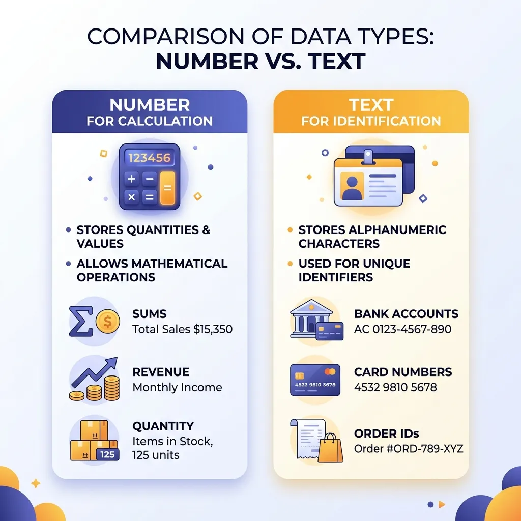 Bảng phân loại kiểu dữ liệu Number vs Text