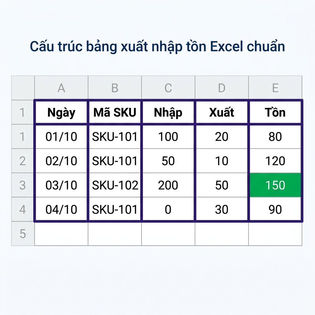 Cấu trúc bảng xuất nhập tồn Excel chuẩn — 5 cột bắt buộc