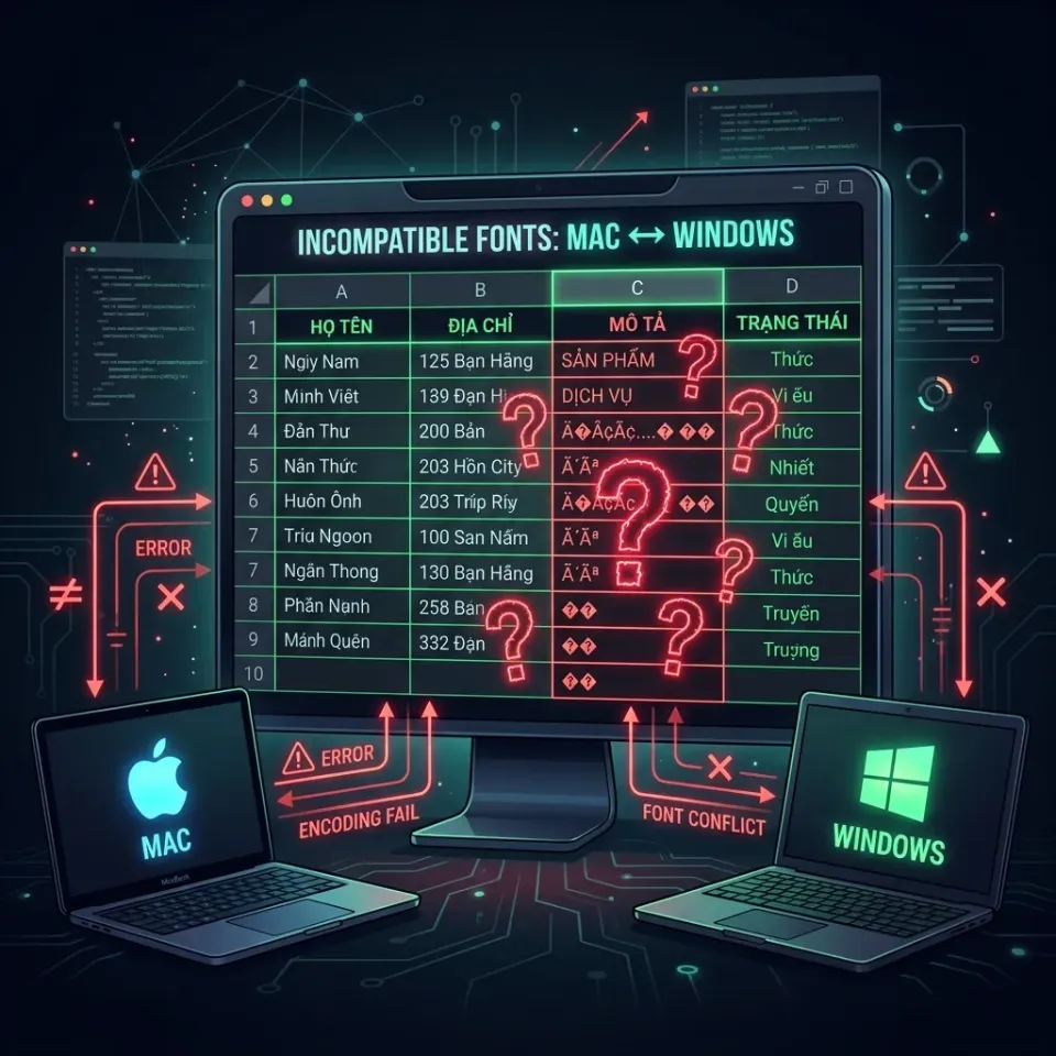 Hình ảnh minh họa bảng tính Excel bị lỗi font chữ tiếng Việt giữa hệ điều hành Windows và macOS